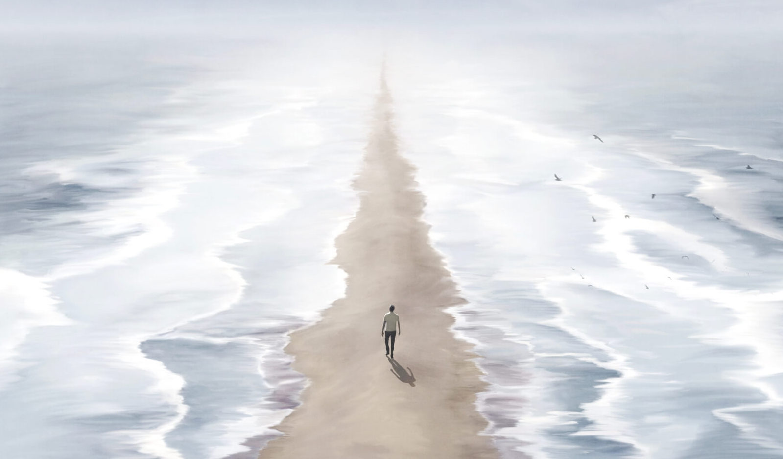 A man walking through a parting in the ocean, symbolizing the journey through mental health challenges and finding a path to clarity.